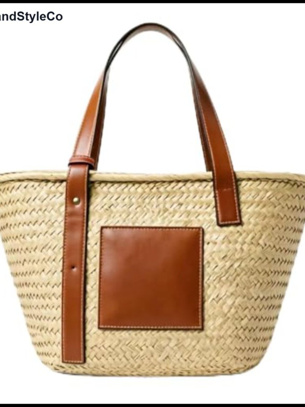 Handwoven Straw Basket Tote Bag with Faux Leather Handles